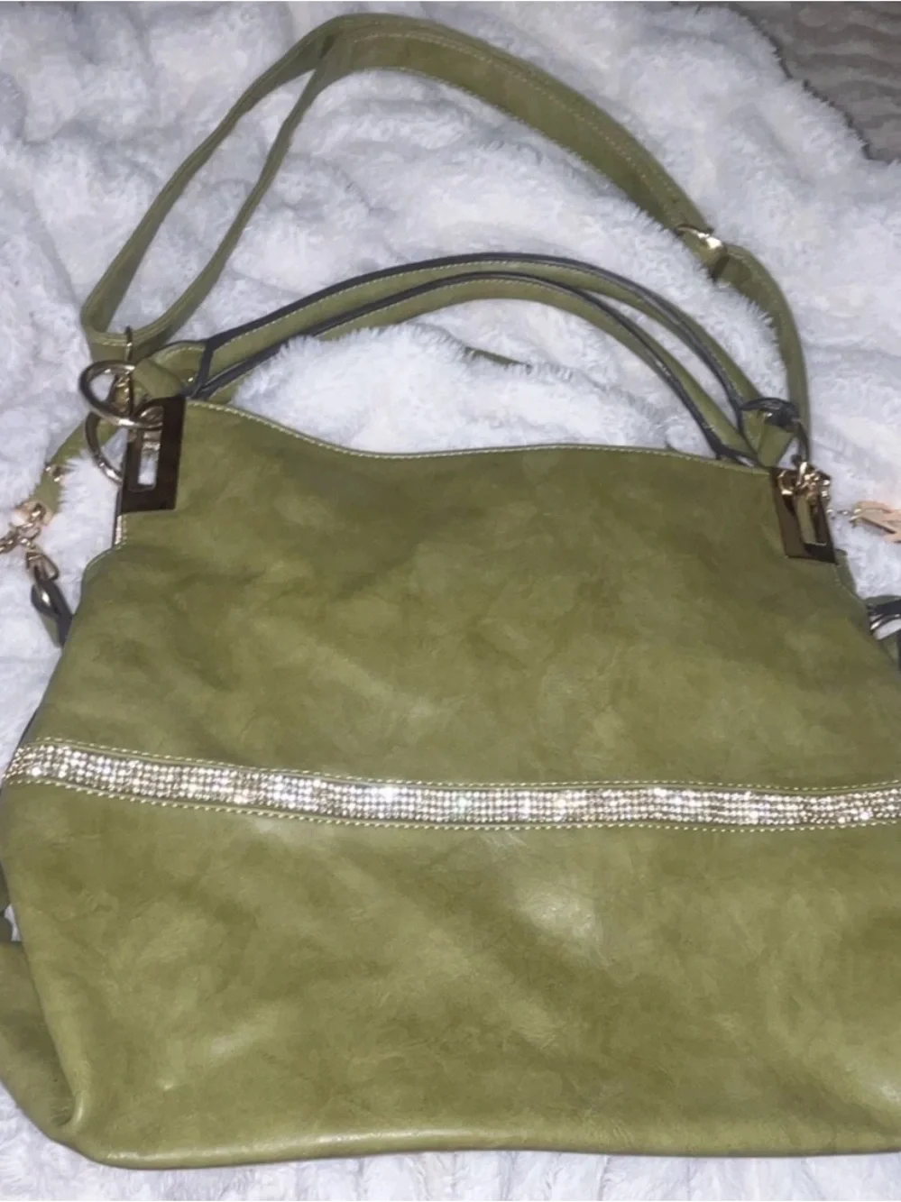 Olive Green Women's Shoulder Bag with Rhinestone Band